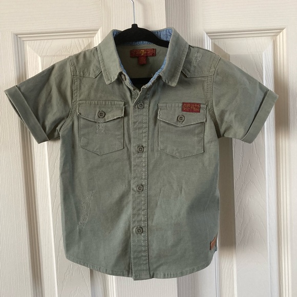 7 For All Mankind Toddler Boys Short Sleeve Green Distressed Button Down… - Picture 1 of 7